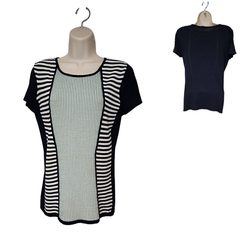 ANTONIO MELANI Navy Blue Round Neck Striped Blouse Cap Sleeve Size M